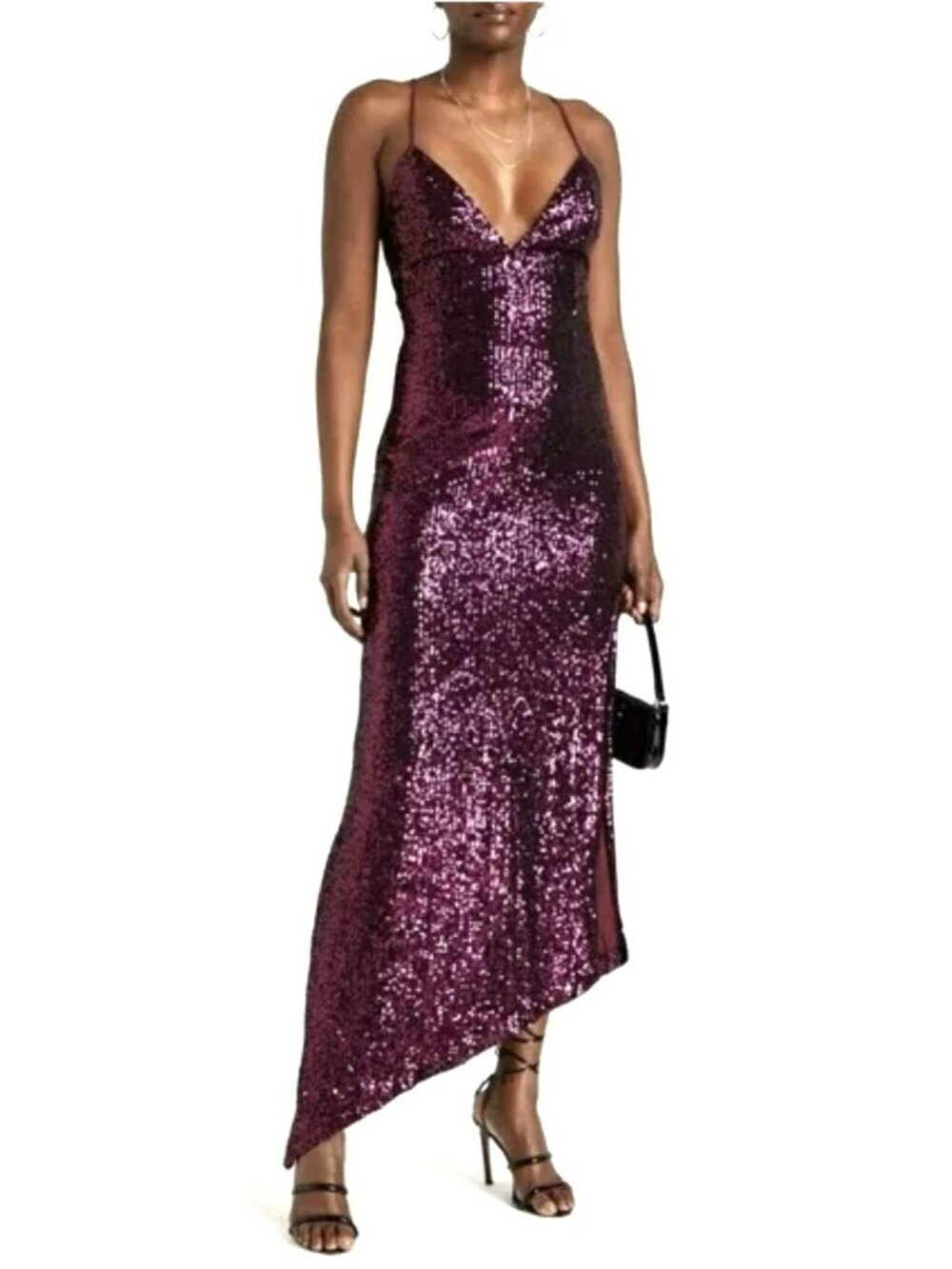 Retrofete $966 Sequin Violet Asymmetrical Tie Back Maxi Dress Sz XS NWT
